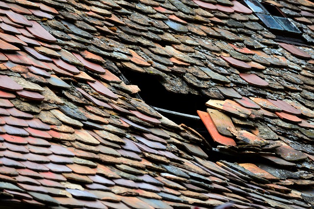 Broken clay roof tiles with a large hole exposing the dark interior beneath