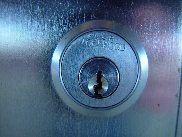 Close-up of a metallic deadbolt lock on a brushed steel surface