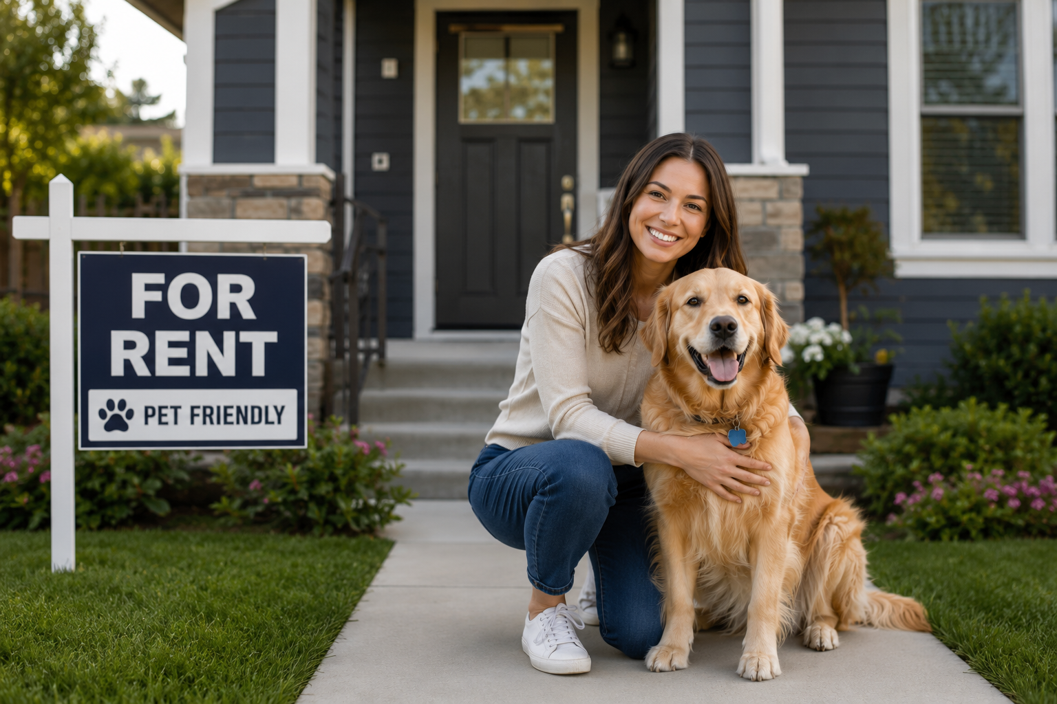 A woman stands with her golden retriever beside a 