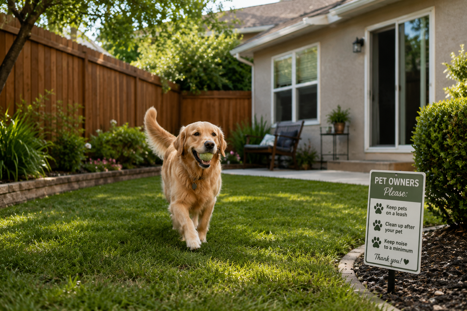 A golden retriever joyfully runs through a yard, with a sign visible in the background.